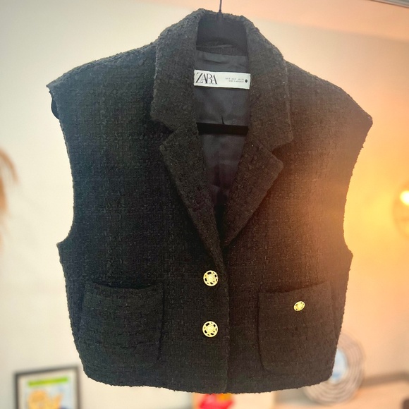 Zara tweed black cropped vest with gold buttons Sz S - Picture 7 of 11
